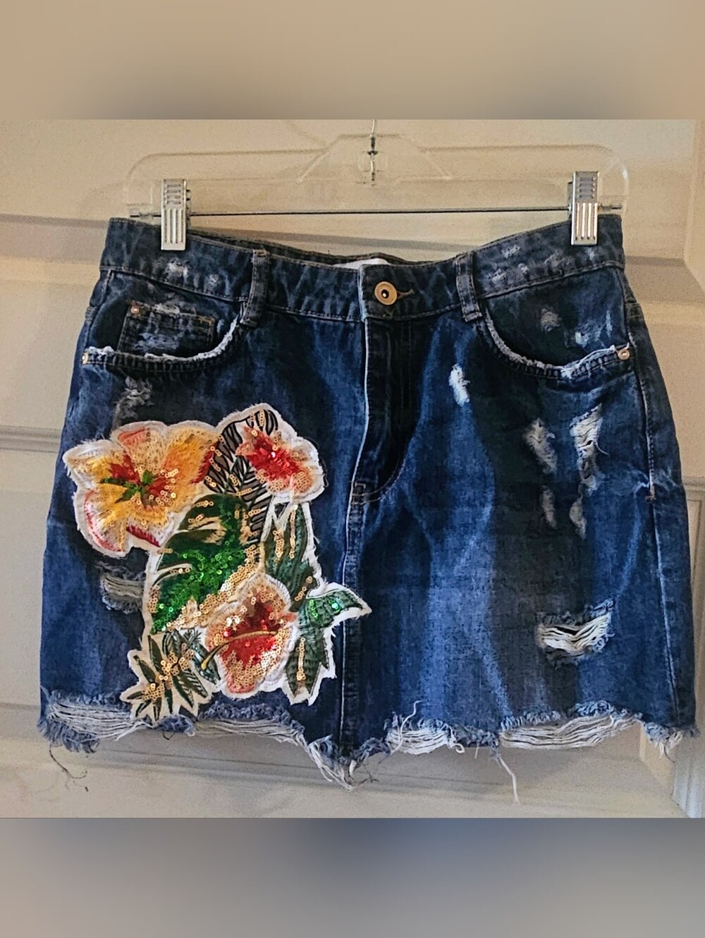 ZARA Embellished Dark Blue Denim Mini Skirt with Floral Patch